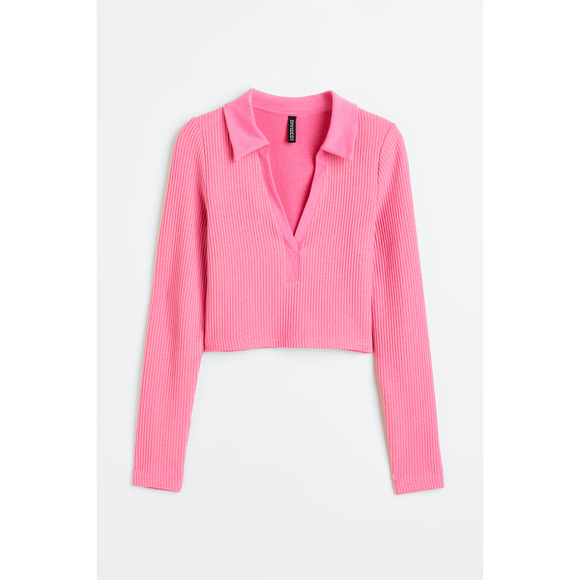 Divided H&M Pink Collared Ribbed Top Sz Large Long-Sleeve Crop Blouse Coquette - Picture 1 of 7